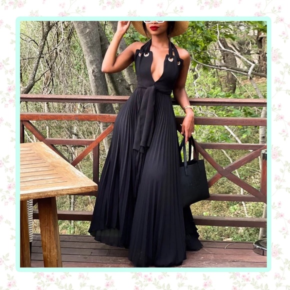 🌺 CASUAL SHEER MAXI DRESS LONG FLARE BLACK ELEGANT HALTER PLAIN SLEEVELESS - Picture 1 of 2
